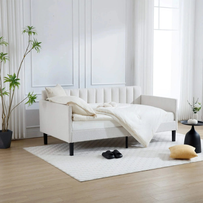 Elena Twin Size Ivory Boucle Upholstered Daybed with Ribbed Tufted Backrest in Lavish Modern Design Default -DTYStore