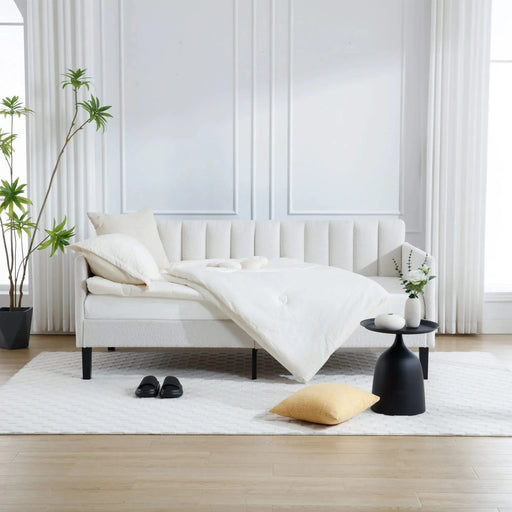 Elena Twin Size Ivory Boucle Upholstered Daybed with Ribbed Tufted Backrest in Lavish Modern Design Default -DTYStore