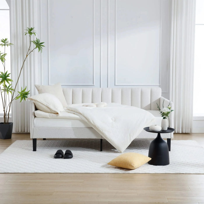Elena Twin Size Ivory Boucle Upholstered Daybed with Ribbed Tufted Backrest in Lavish Modern Design Default -DTYStore
