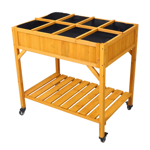 Elevated 8 Pocket Herb Garden Bed, Mobile Raised Customizable Wood Planter for Herbs, Vegetables, Flowers w/ Lockable Wheels, Storage Shelf, Drainage Holes Default -DTYStore