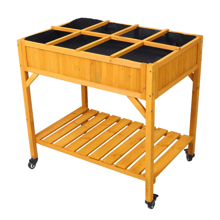 Elevated 8 Pocket Herb Garden Bed, Mobile Raised Customizable Wood Planter for Herbs, Vegetables, Flowers w/ Lockable Wheels, Storage Shelf, Drainage Holes Default -DTYStore