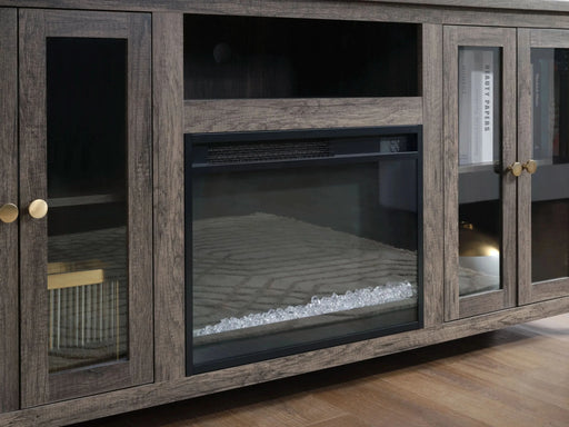 Ellington 70'W Gray Walnut Finish Fireplace TV Stand Console with Heater, LED Light, Cabinets, Shelves - DTY Store