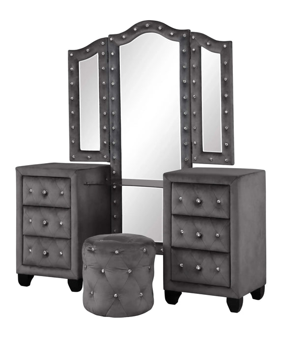 Encore Modern Style Tufted and Upholstered Queen 4PC Vanity Bedroom set made with wood in Gray(CA INVENTORY) Default -DTYStore