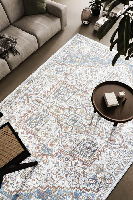 Eno Medora Blue, Ivory and Beige Viscose Area Rug Default -DTYStore