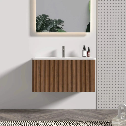 Etna 30' Striped Walnut Bathroom Vanity with White Ceramic Sink, Wall Mounted Floating Bathroom Vanity for Modern Bathroom, KD Default -DTYStore