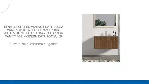 Etna 30' Striped Walnut Bathroom Vanity with White Ceramic Sink, Wall Mounted Floating Bathroom Vanity for Modern Bathroom, KD Default -DTYStore
