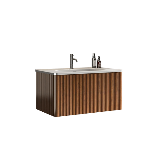 Etna 30' Striped Walnut Bathroom Vanity with White Ceramic Sink, Wall Mounted Floating Bathroom Vanity for Modern Bathroom, KD Default -DTYStore