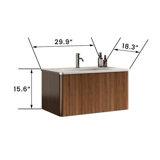 Etna 30' Striped Walnut Bathroom Vanity with White Ceramic Sink, Wall Mounted Floating Bathroom Vanity for Modern Bathroom, KD Default -DTYStore