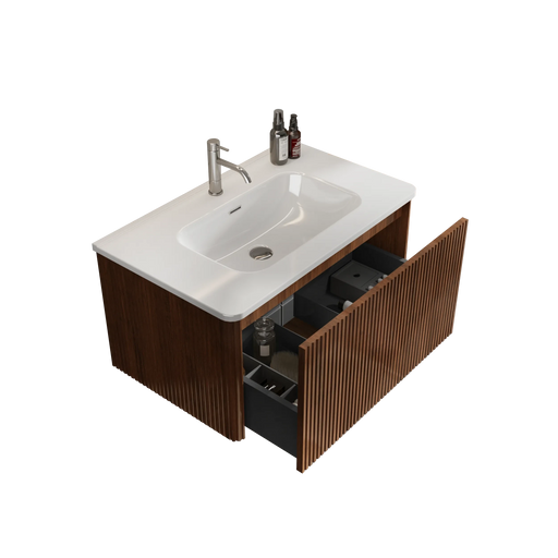 Etna 30' Striped Walnut Bathroom Vanity with White Ceramic Sink, Wall Mounted Floating Bathroom Vanity for Modern Bathroom, KD Default -DTYStore