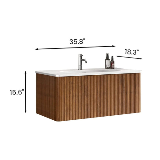 Etna 36' Striped Walnut Bathroom Vanity with White Ceramic Sink, Wall Mounted Floating Bathroom Vanity for Modern Bathroom, KD Default -DTYStore