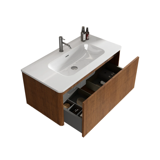 Etna 36' Striped Walnut Bathroom Vanity with White Ceramic Sink, Wall Mounted Floating Bathroom Vanity for Modern Bathroom, KD Default -DTYStore