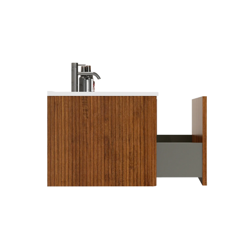 Etna 36' Striped Walnut Bathroom Vanity with White Ceramic Sink, Wall Mounted Floating Bathroom Vanity for Modern Bathroom, KD Default -DTYStore