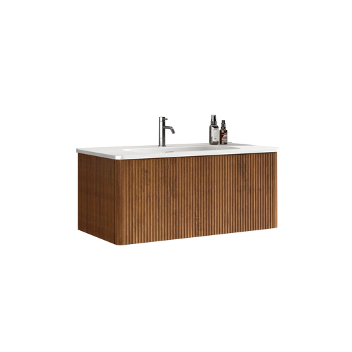 Etna 36' Striped Walnut Bathroom Vanity with White Ceramic Sink, Wall Mounted Floating Bathroom Vanity for Modern Bathroom, KD Default -DTYStore