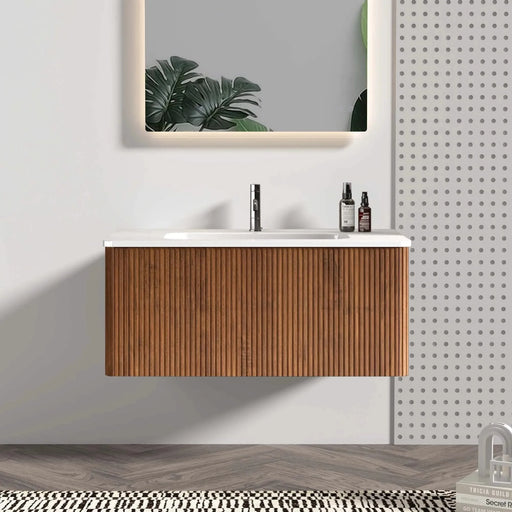 Etna 36' Striped Walnut Bathroom Vanity with White Ceramic Sink, Wall Mounted Floating Bathroom Vanity for Modern Bathroom, KD Default -DTYStore