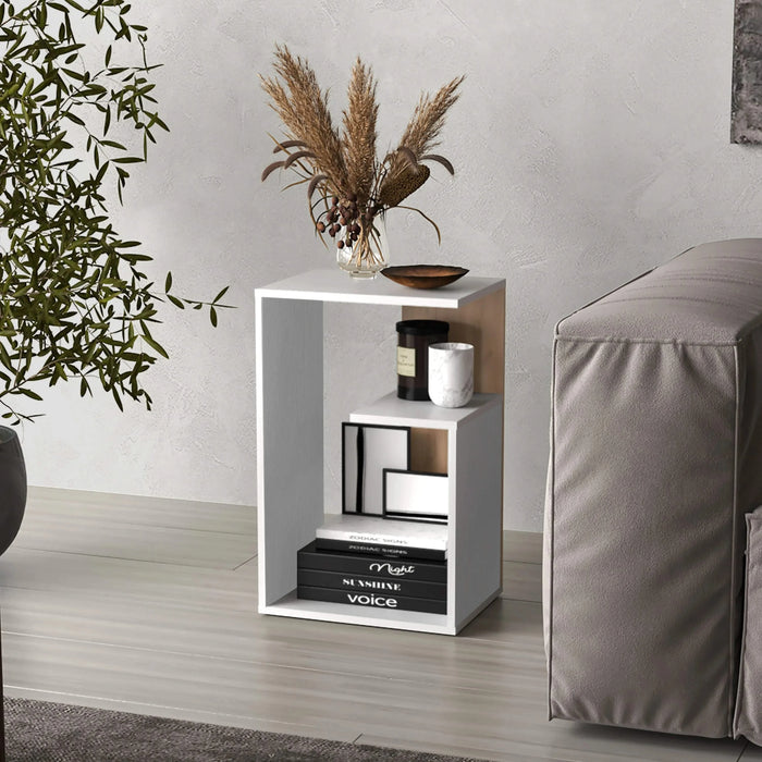 Everet 25' High Side Table, For Living Rooms, Three Tier, White, Natural Oak Default -DTYStore