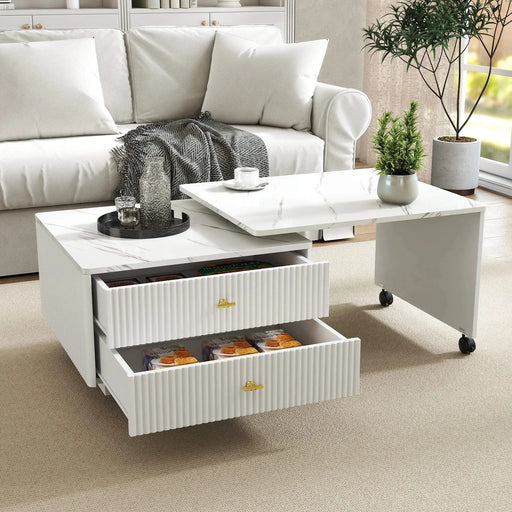Extendable Coffee Table with Storage, Reversible Living Room Table with 2 Drawers and with 6 Wheels, White Default -DTYStore
