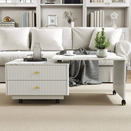 Extendable Coffee Table with Storage, Reversible Living Room Table with 2 Drawers and with 6 Wheels, White Default -DTYStore
