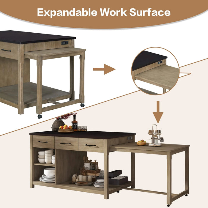 Extendable Kitchen Island with Storage, Multi-Functional Kitchen Cart with Built-In Power Outlets, Retro Kitchen Island on Wheels with Drawers and Open Shelves for Kitchen (Espresso+Natural) Default -DTYStore
