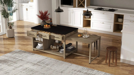 Extendable Kitchen Island with Storage, Multi-Functional Kitchen Cart with Built-In Power Outlets, Retro Kitchen Island on Wheels with Drawers and Open Shelves for Kitchen (Espresso+Natural) Default -DTYStore