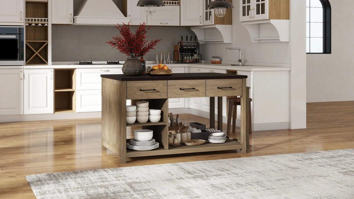 Extendable Kitchen Island with Storage, Multi-Functional Kitchen Cart with Built-In Power Outlets, Retro Kitchen Island on Wheels with Drawers and Open Shelves for Kitchen (Espresso+Natural) Default -DTYStore