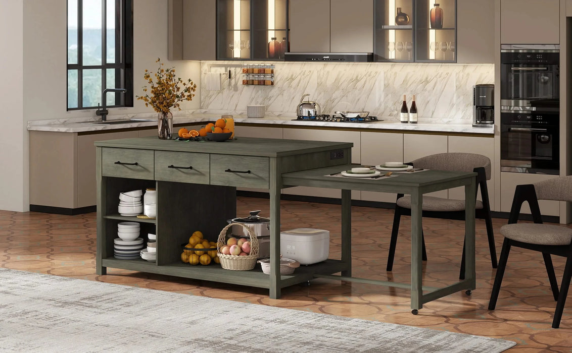 Extendable Kitchen Island with Storage, Multi-Functional Kitchen Cart with Built-In Power Outlets, Retro Kitchen Island on Wheels with Drawers and Open Shelves for Kitchen (Gray) Default -DTYStore