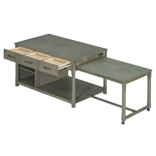 Extendable Kitchen Island with Storage, Multi-Functional Kitchen Cart with Built-In Power Outlets, Retro Kitchen Island on Wheels with Drawers and Open Shelves for Kitchen (Gray) Default -DTYStore