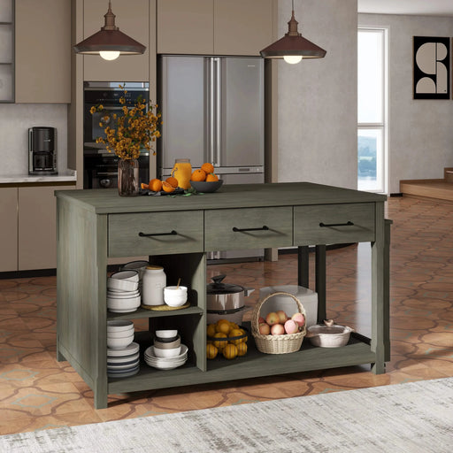 Extendable Kitchen Island with Storage, Multi-Functional Kitchen Cart with Built-In Power Outlets, Retro Kitchen Island on Wheels with Drawers and Open Shelves for Kitchen (Gray) Default -DTYStore
