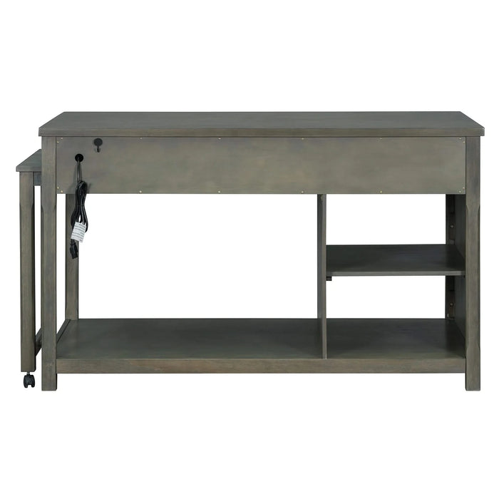 Extendable Kitchen Island with Storage, Multi-Functional Kitchen Cart with Built-In Power Outlets, Retro Kitchen Island on Wheels with Drawers and Open Shelves for Kitchen (Gray) Default -DTYStore