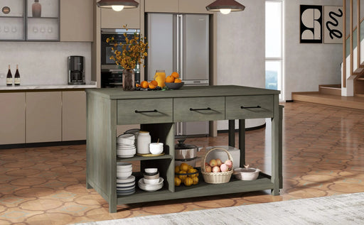 Extendable Kitchen Island with Storage, Multi-Functional Kitchen Cart with Built-In Power Outlets, Retro Kitchen Island on Wheels with Drawers and Open Shelves for Kitchen (Gray) Default -DTYStore