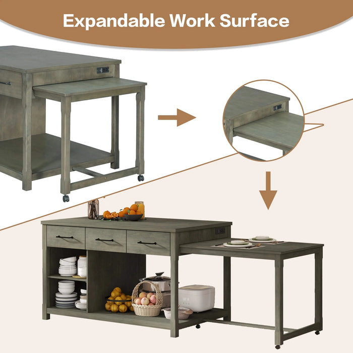 Extendable Kitchen Island with Storage, Multi-Functional Kitchen Cart with Built-In Power Outlets, Retro Kitchen Island on Wheels with Drawers and Open Shelves for Kitchen (Gray) Default -DTYStore