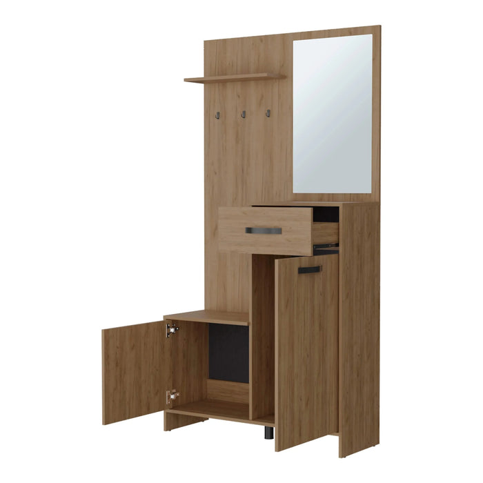 FM FURNITURE Elko Hall Tree Multistorage with a Mirror. Natural Oak Default -DTYStore