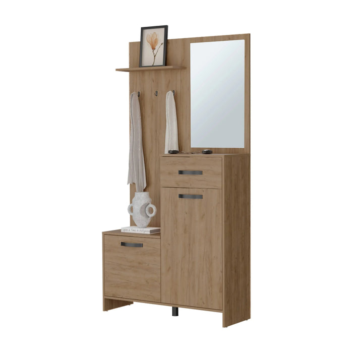 FM FURNITURE Elko Hall Tree Multistorage with a Mirror. Natural Oak Default -DTYStore