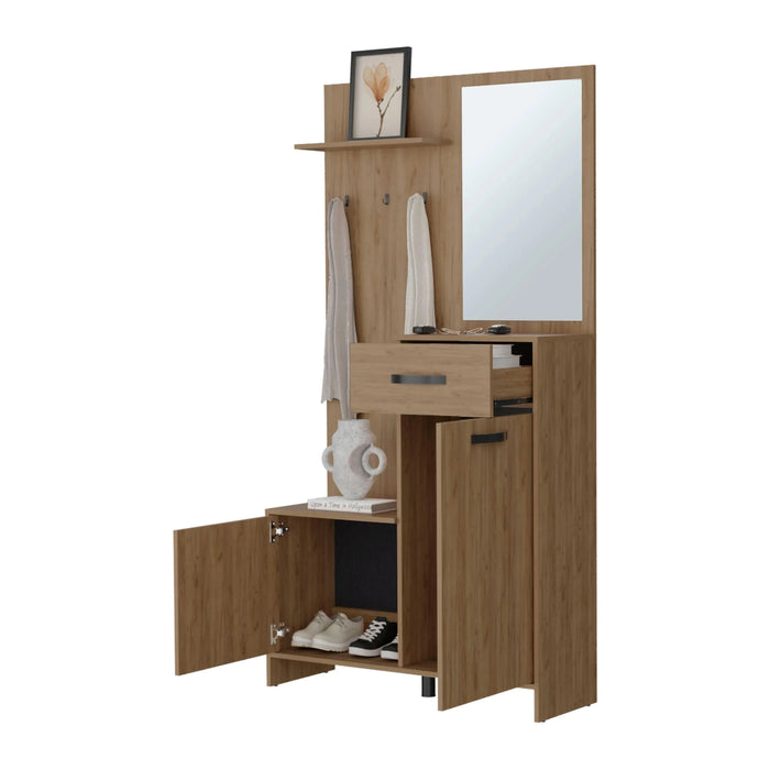 FM FURNITURE Elko Hall Tree Multistorage with a Mirror. Natural Oak Entryway Furniture, Furniture, Hall Trees, searchfilter_Furniture| DTY Store
