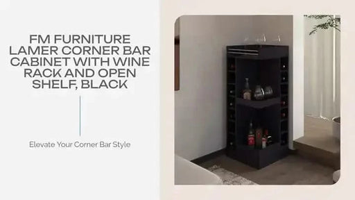 FM FURNITURE Lamer Corner Bar Cabinet with Wine Rack and Open Shelf, Black Default -DTYStore