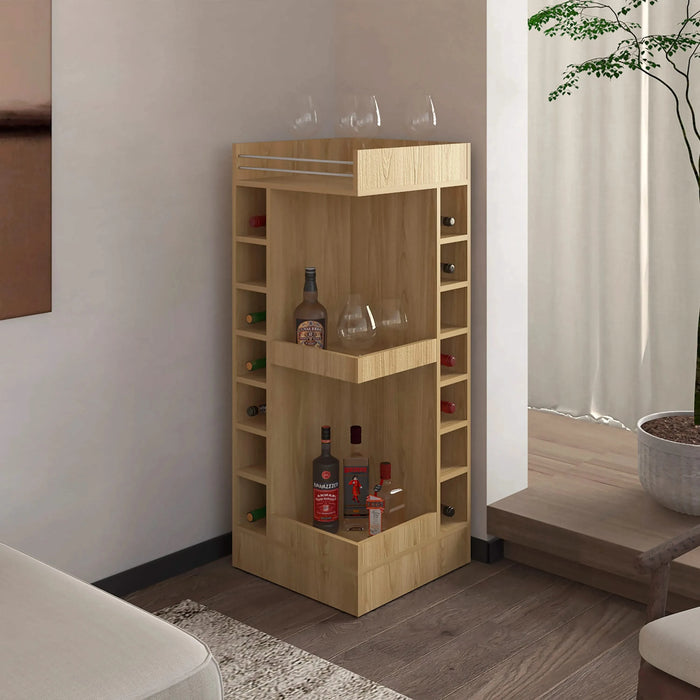 FM FURNITURE Lamer Corner Bar Cabinet with Wine Rack and Open Shelf, Natural Oak Default -DTYStore