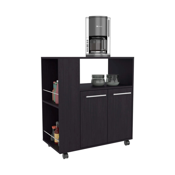 FM FURNITURE Linden Kitchen Cart with Microwave Shelf. Open Storage. and Two-Door Cabinet. Wengue Default -DTYStore