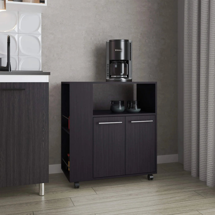 FM FURNITURE Linden Kitchen Cart with Microwave Shelf. Open Storage. and Two-Door Cabinet. Wengue Default -DTYStore