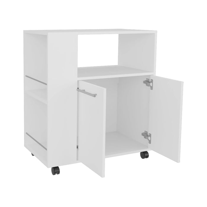 FM FURNITURE Linden Kitchen Cart with Microwave Shelf. Open Storage. and Two-Door Cabinet. White Default -DTYStore