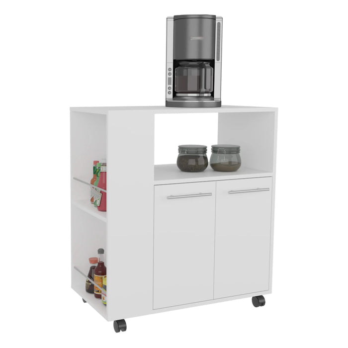 FM FURNITURE Linden Kitchen Cart with Microwave Shelf. Open Storage. and Two-Door Cabinet. White Default -DTYStore