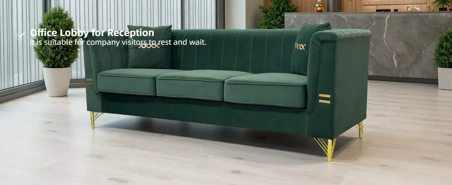 FX-P82-GR2 (WITH 2 PILLOWS)-82.67' Modern Velvet 3-Seater Chesterfield Style Green Couch for Living Room with 2 Pillows Default -DTYStore