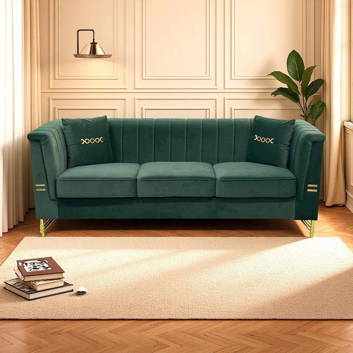FX-P82-GR2 (WITH 2 PILLOWS)-82.67' Modern Velvet 3-Seater Chesterfield Style Green Couch for Living Room with 2 Pillows Default -DTYStore