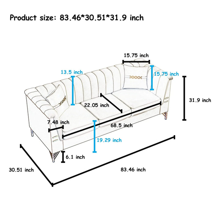 FX-P82-GR2 (WITH 2 PILLOWS)-82.67' Modern Velvet 3-Seater Chesterfield Style Green Couch for Living Room with 2 Pillows Default -DTYStore