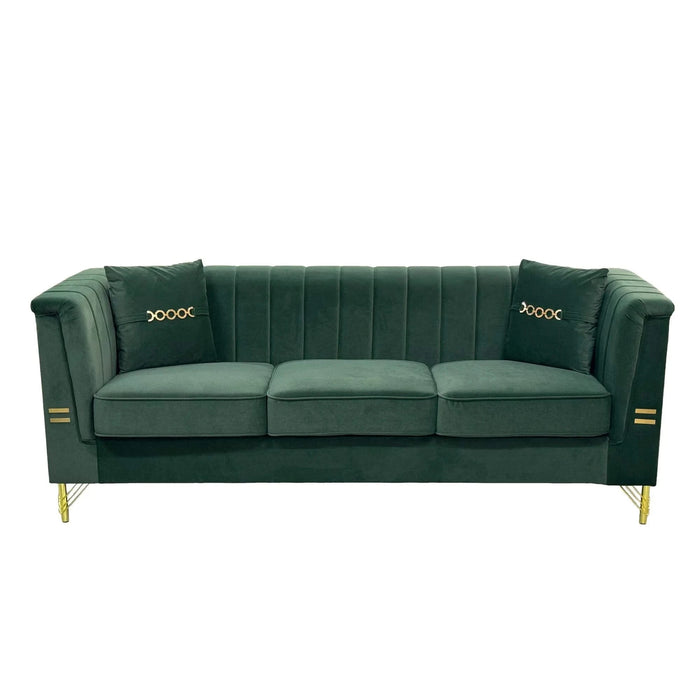 FX-P82-GR2 (WITH 2 PILLOWS)-82.67' Modern Velvet 3-Seater Chesterfield Style Green Couch for Living Room with 2 Pillows Default -DTYStore