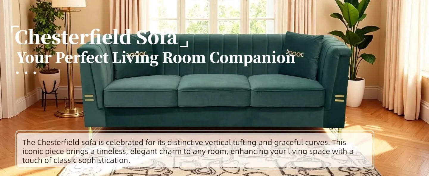 FX-P82-GR2 (WITH 2 PILLOWS)-82.67' Modern Velvet 3-Seater Chesterfield Style Green Couch for Living Room with 2 Pillows Default -DTYStore