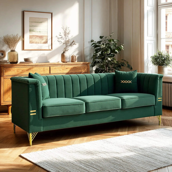 FX-P82-GR2 (WITH 2 PILLOWS)-82.67' Modern Velvet 3-Seater Chesterfield Style Green Couch for Living Room with 2 Pillows Default -DTYStore