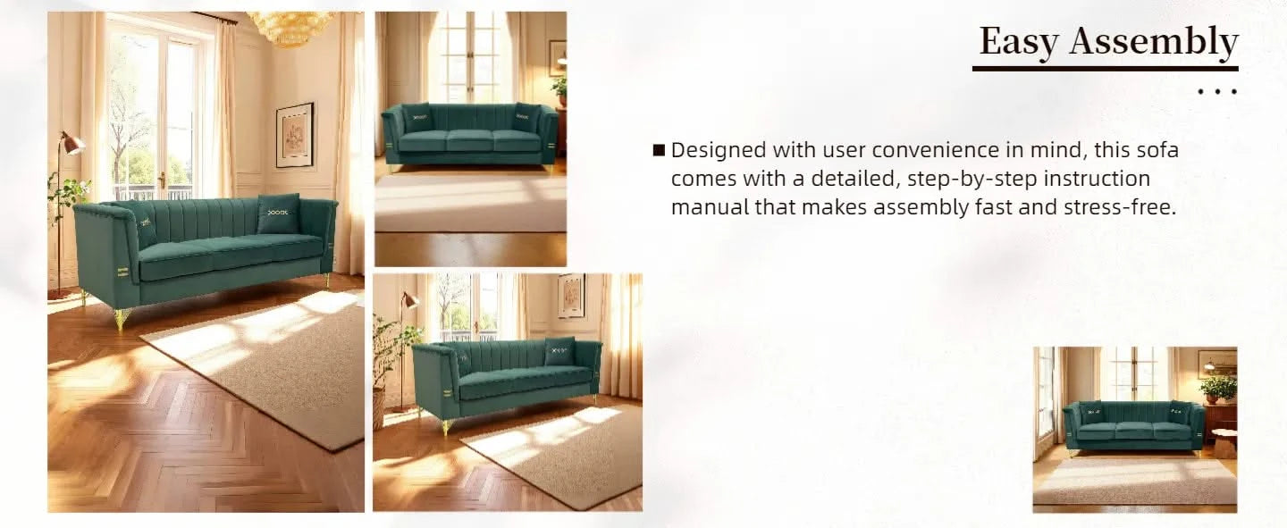 FX-P82-GR2 (WITH 2 PILLOWS)-82.67' Modern Velvet 3-Seater Chesterfield Style Green Couch for Living Room with 2 Pillows Default -DTYStore