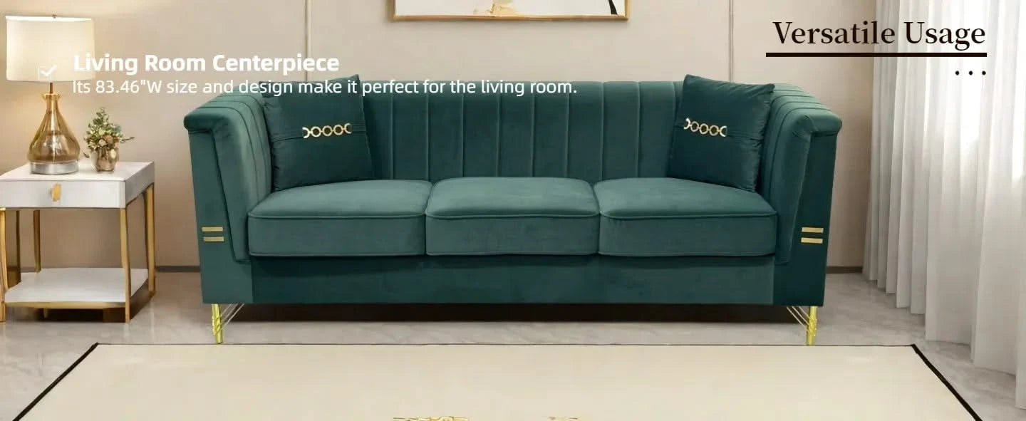 FX-P82-GR2 (WITH 2 PILLOWS)-82.67' Modern Velvet 3-Seater Chesterfield Style Green Couch for Living Room with 2 Pillows Default -DTYStore