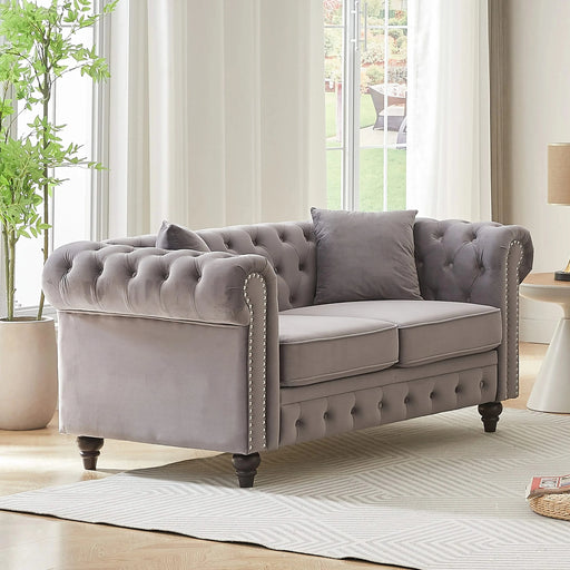 FX 63.5' modern design chesterfield sofa, velvet sofa button design living room sectional sofa, button tufted with nail design arms with 2 pillows, upholstered fabric and wood legs Default -DTYStore