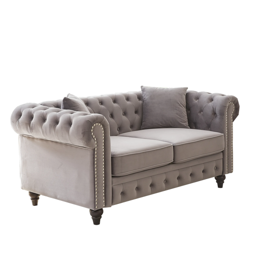 FX 63.5' modern design chesterfield sofa, velvet sofa button design living room sectional sofa, button tufted with nail design arms with 2 pillows, upholstered fabric and wood legs Default -DTYStore