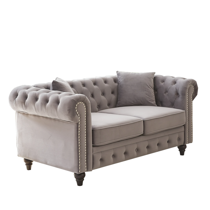 FX 63.5' modern design chesterfield sofa, velvet sofa button design living room sectional sofa, button tufted with nail design arms with 2 pillows, upholstered fabric and wood legs Default -DTYStore